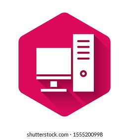 White Computer monitor icon isolated with long shadow. PC component sign. Pink hexagon button. Vector Illustration