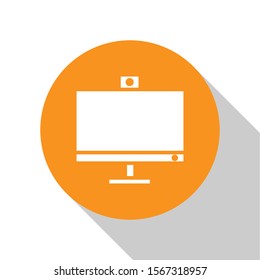 White Computer monitor icon isolated on white background. PC component sign. Orange circle button. Vector Illustration