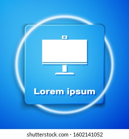 White Computer monitor icon isolated on blue background. PC component sign. Blue square button. Vector Illustration