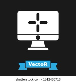 White Computer monitor icon isolated on black background. PC component sign.  Vector Illustration
