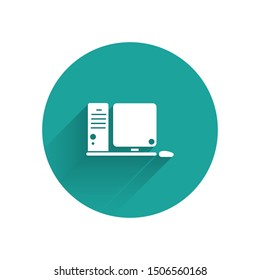 White Computer monitor with keyboard and mouse icon isolated with long shadow. PC component sign. Green circle button. Vector Illustration