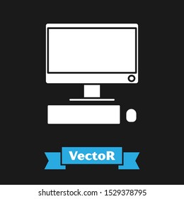 White Computer monitor with keyboard and mouse icon isolated on black background. PC component sign.  Vector Illustration