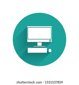 White Computer monitor with keyboard and mouse icon isolated with long shadow. PC component sign. Green circle button. Vector Illustration