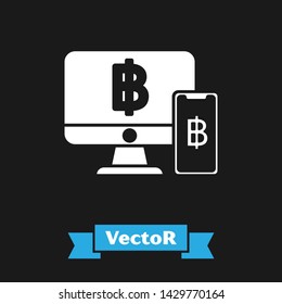 White Computer monitor with mobile phone and bitcoin icon isolated on black background. Online shopping concept. Earnings in the Internet.  Vector Illustration