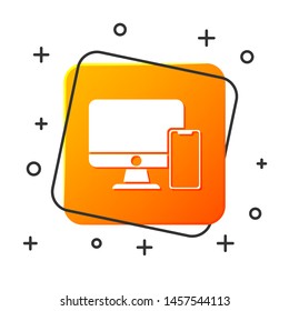 White Computer monitor and mobile phone icon isolated on white background. Earnings in the Internet, marketing. Orange square button. Vector Illustration