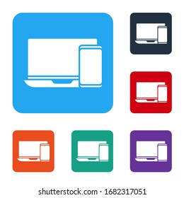 White Computer monitor and mobile phone icon isolated on white background. Earnings in the Internet, marketing. Set icons in color square buttons. Vector Illustration