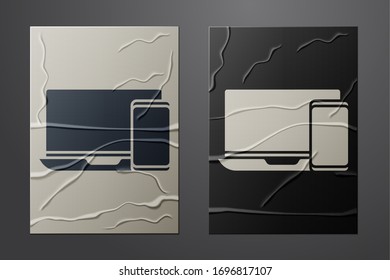 White Computer monitor and mobile phone icon isolated on crumpled paper background. Earnings in the Internet, marketing. Paper art style. Vector Illustration