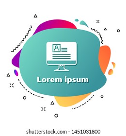 White Computer monitor with resume icon isolated on white background. CV application. Searching professional staff. Analyzing personnel resume.  Abstract banner with liquid shapes. Vector Illustration