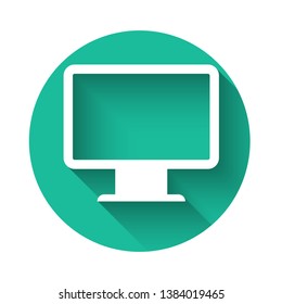 White Computer monitor screen icon isolated with long shadow. Electronic device. Front view. Green circle button. Vector Illustration