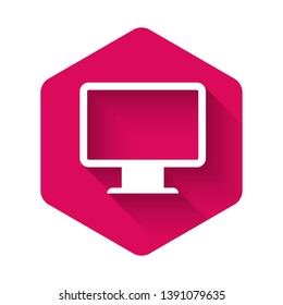 White Computer monitor screen icon isolated with long shadow. Electronic device. Front view. Pink hexagon button. Vector Illustration