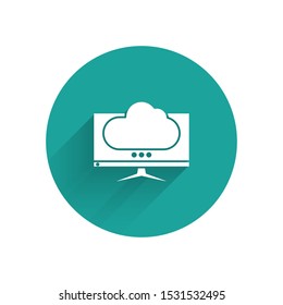 White Computer monitor screen icon isolated with long shadow. Electronic device. Front view. Green circle button. Vector Illustration