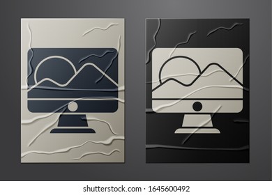 White Computer monitor screen icon isolated on crumpled paper background. Electronic device. Front view. Paper art style. Vector Illustration