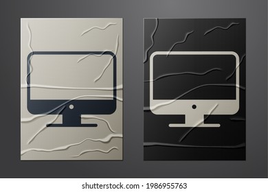 White Computer monitor screen icon isolated on crumpled paper background. Electronic device. Front view. Paper art style. Vector Illustration