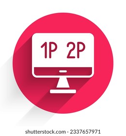 White Computer monitor screen icon isolated with long shadow. Electronic device. Front view. Red circle button. Vector