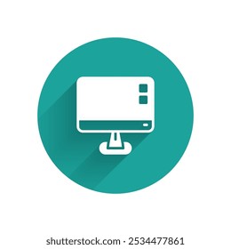 White Computer monitor screen icon isolated with long shadow. Electronic device. Front view. Green circle button. Vector