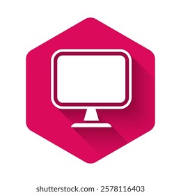 White Computer monitor screen icon isolated with long shadow background. Electronic device. Front view. Pink hexagon button. Vector