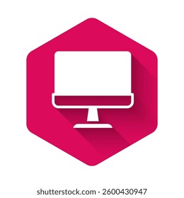 White Computer monitor screen icon isolated with long shadow background. Electronic device. Front view. Pink hexagon button. Vector