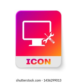 White Computer monitor with screwdriver and wrench icon isolated on white background. Adjusting, service, setting, maintenance, repair, fixing. Rectangle color button. Vector Illustration