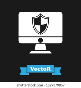 White Computer monitor and shield icon isolated on black background. Security, firewall technology, internet privacy safety or antivirus.  Vector Illustration