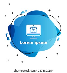 White Computer monitor with smart house and light bulb icon isolated on white background. Abstract banner with liquid shapes. Vector Illustration