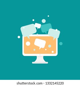 White computer monitor with speech bubbles isolated on blue. Flat vector illustration. tutorial, chat, comunication button. online education symbol. Good for web and mobile design. 
