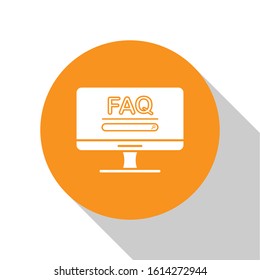 White Computer monitor with text FAQ information icon isolated on white background. Frequently asked questions. Orange circle button. Vector Illustration