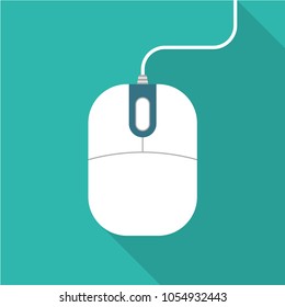 White computer mouse flat icon with long shadow isolated on blue background. Simple  mouse in flat style, vector illustration.
