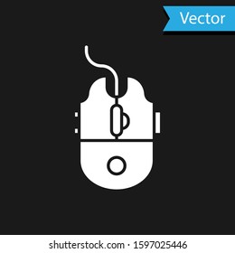White Computer mouse gaming icon isolated on black background. Optical with wheel symbol.  Vector Illustration