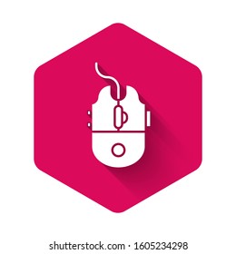 White Computer mouse gaming icon isolated with long shadow. Optical with wheel symbol. Pink hexagon button. Vector Illustration