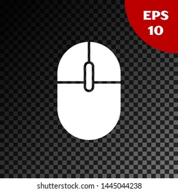 White Computer mouse icon isolated on transparent dark background. Optical with wheel symbol.  Vector Illustration