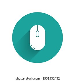 White Computer mouse icon isolated with long shadow. Optical with wheel symbol. Green circle button. Vector Illustration