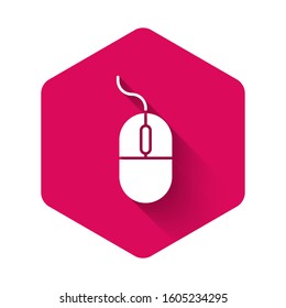 White Computer mouse icon isolated with long shadow. Optical with wheel symbol. Pink hexagon button. Vector Illustration