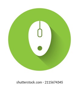 White Computer mouse icon isolated with long shadow. Optical with wheel symbol. Green circle button. Vector
