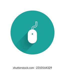 White Computer mouse icon isolated with long shadow background. Optical with wheel symbol. Green circle button. Vector