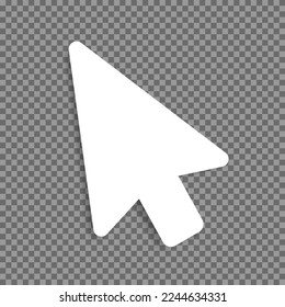 A white computer mouse pointer icon with a shadow on a transparent background. Vector illustration.