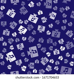 White Computer with music note symbol on screen icon isolated seamless pattern on blue background.  Vector Illustration