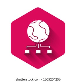 White Computer network icon isolated with long shadow. Online gaming. Laptop network. Internet connection. Pink hexagon button. Vector Illustration