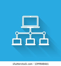 White Computer network line icon isolated with long shadow. Laptop network. Internet connection. Vector Illustration