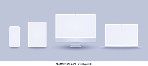 White computer and phone mockup set with desktop, laptop and tablet. Realistic clay electronic device set in front view, pc screen, open notebook, pad and mobile display isolated on grey background.
