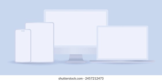 White computer and phone mockup set with desktop, laptop and tablet. Realistic clay electronic device set in front view, pc screen, open notebook, pad and mobile display isolated on grey background.