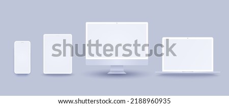 White computer and phone mockup set with desktop, laptop and tablet. Realistic clay electronic device set in front view, pc screen, open notebook, pad and mobile display isolated on grey background.