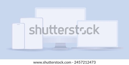 White computer and phone mockup set with desktop, laptop and tablet. Realistic clay electronic device set in front view, pc screen, open notebook, pad and mobile display isolated on grey background.