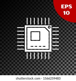 White Computer processor with microcircuits CPU icon isolated on transparent dark background. Chip or cpu with circuit board sign. Micro processor.  Vector Illustration