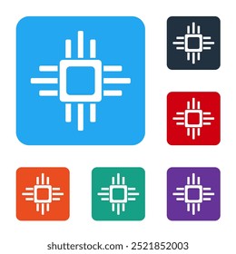 White Computer processor with microcircuits CPU icon isolated on white background. Chip or cpu with circuit board. Micro processor. Set icons in color square buttons. Vector Illustration