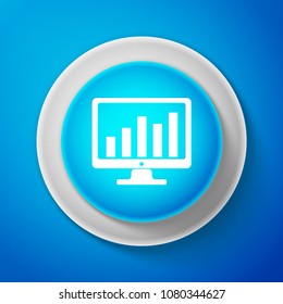 White Computer screen with financial charts and graphs icon isolated on blue background. Chart Bars and Financial Analytics. Circle blue button with white line. Vector Illustration