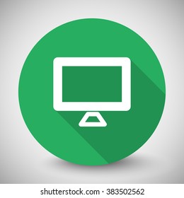 White Computer Screen icon with long shadow on green circle