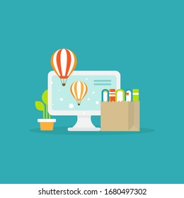 bolso blanco de ordenador y de artesanía de papel de compra con pilas de libros sobre fondo azul polvo. Ilustración vectorial plana. Conocimiento de Internet. educación en línea. Tienda de libros en línea