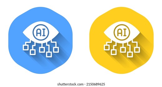 White Computer Vision Icon Isolated With Long Shadow Background. Technical Vision, Eye Circuit, Video Surveillance System, Augmented Reality Systems. Circle Button. Vector