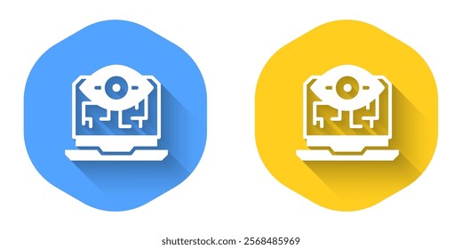 White Computer vision icon isolated with long shadow background. Technical vision, eye circuit, video surveillance system, augmented reality systems. Circle button. Vector