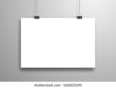 White concave sheet of paper hangs on the clamps. Mock-up in horizontal orientation